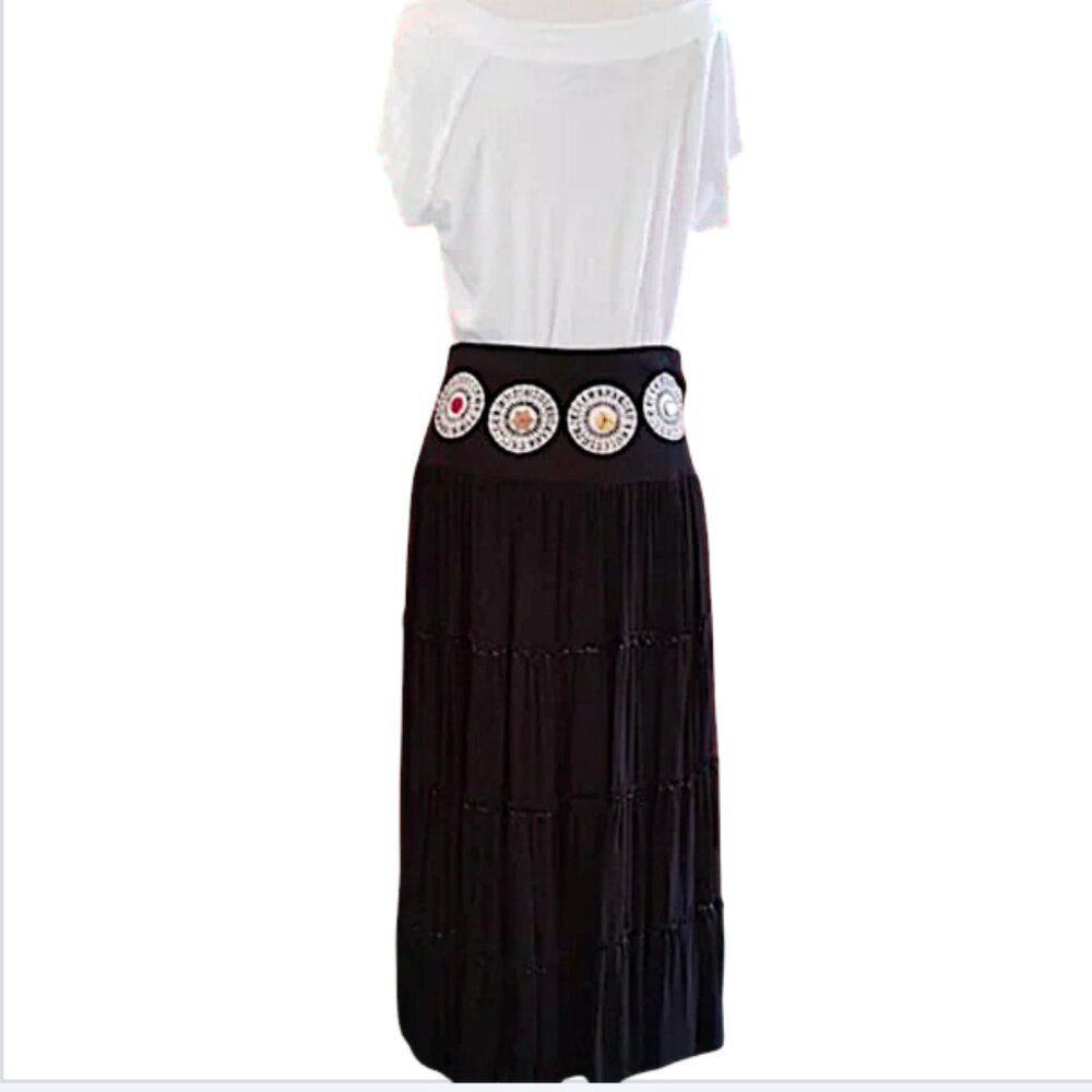 Haven Bleu Anthropologie Black Multi Layered Sequins Boho Maxi Skirt Size S NWT - Picture 6 of 8